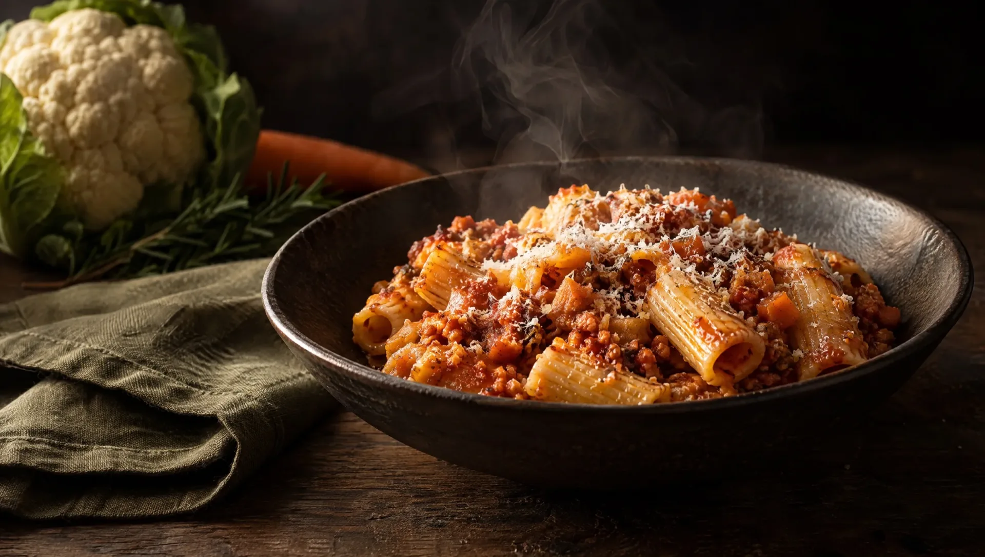 Bloemkoolragù met tortiglioni en Parmigiano in een diep bord op een donkere tafel, met een bloemkool, wortel en rozemarijn
