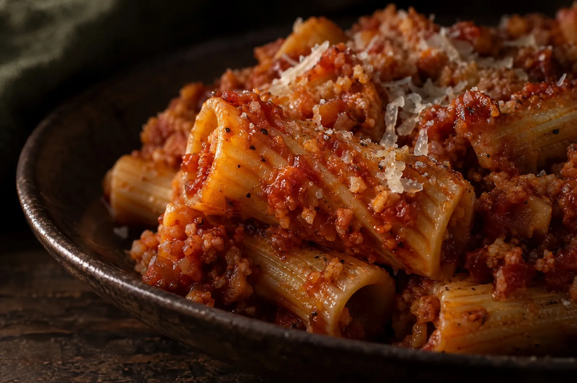 Closeup van bloemkoolragù: rode korrels bloemkool met glanzende tomatensaus in de ribbels van een tortiglioni