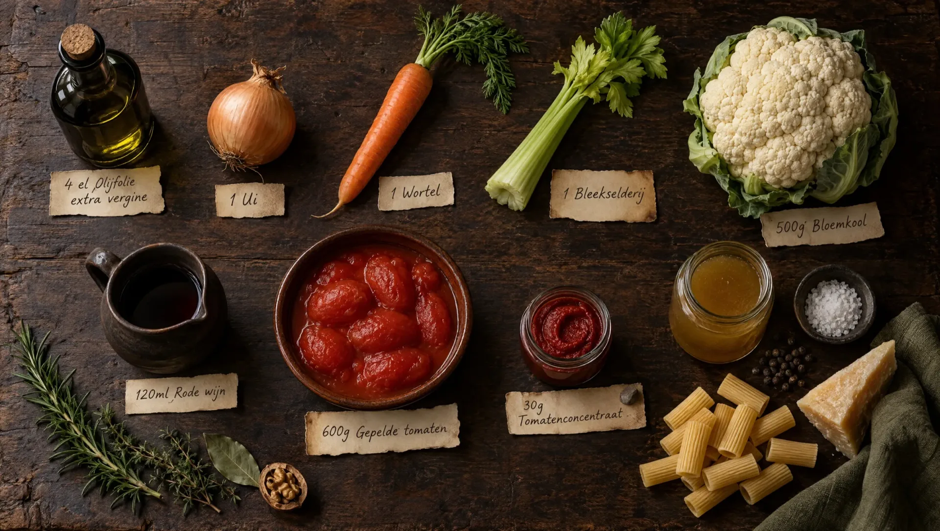 Ingrediënten voor bloemkoolragù: bloemkool, gepelde tomaten, wortel, bleekselderij, ui, rozemarijn, tijm en Parmigiano