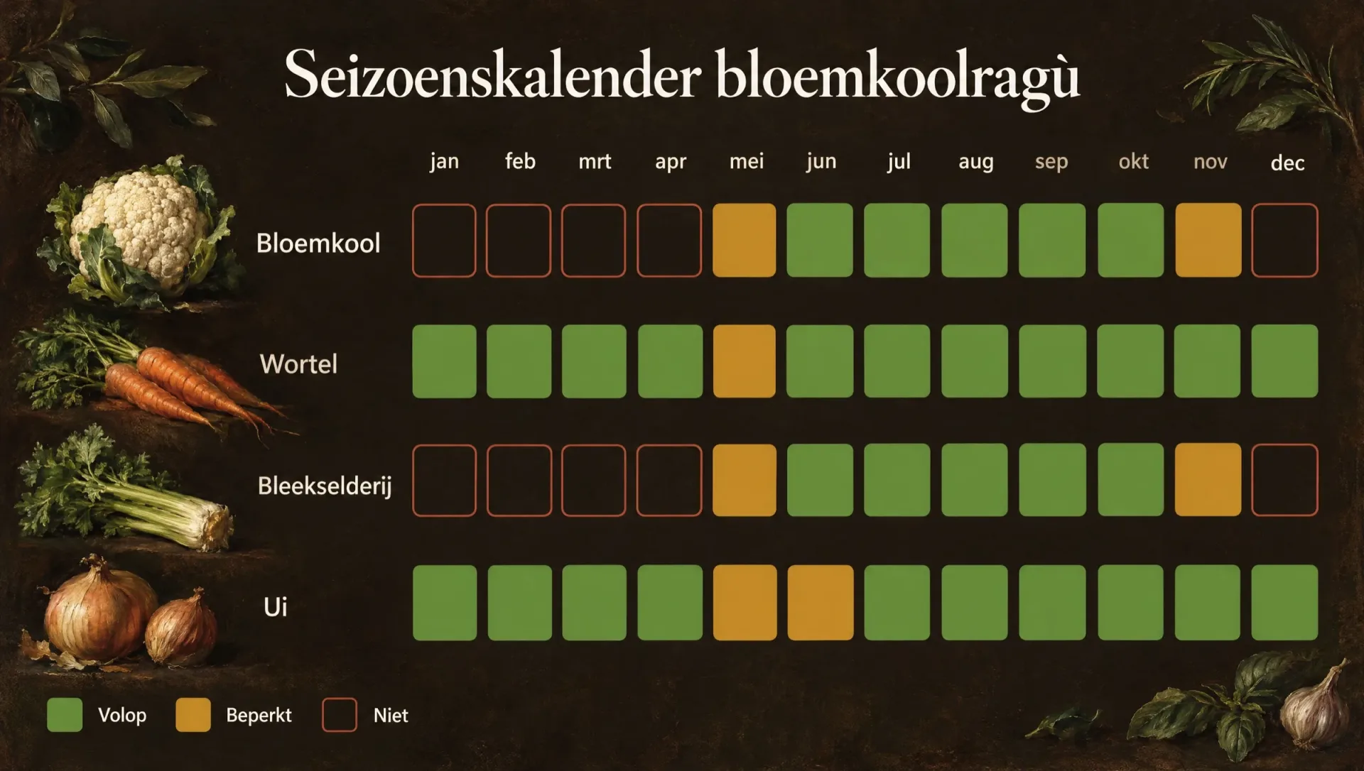 Seizoenskalender voor bloemkoolragù: bloemkool, wortel, bleekselderij en ui per maand, bloemkool volop van juni tot oktober