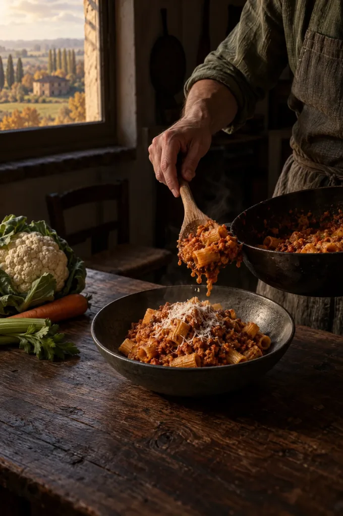 Handen van de kok scheppen bloemkoolragù met tortiglioni in een donkere keuken bij het raam, met uitzicht op de Povlakte