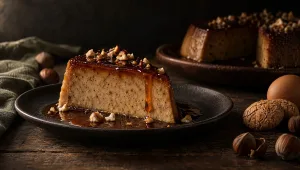 Bonet alle nocciole met glanzende karamel op een donker bord, met hazelnoten in de dop, amaretti en een ei op een houten tafel