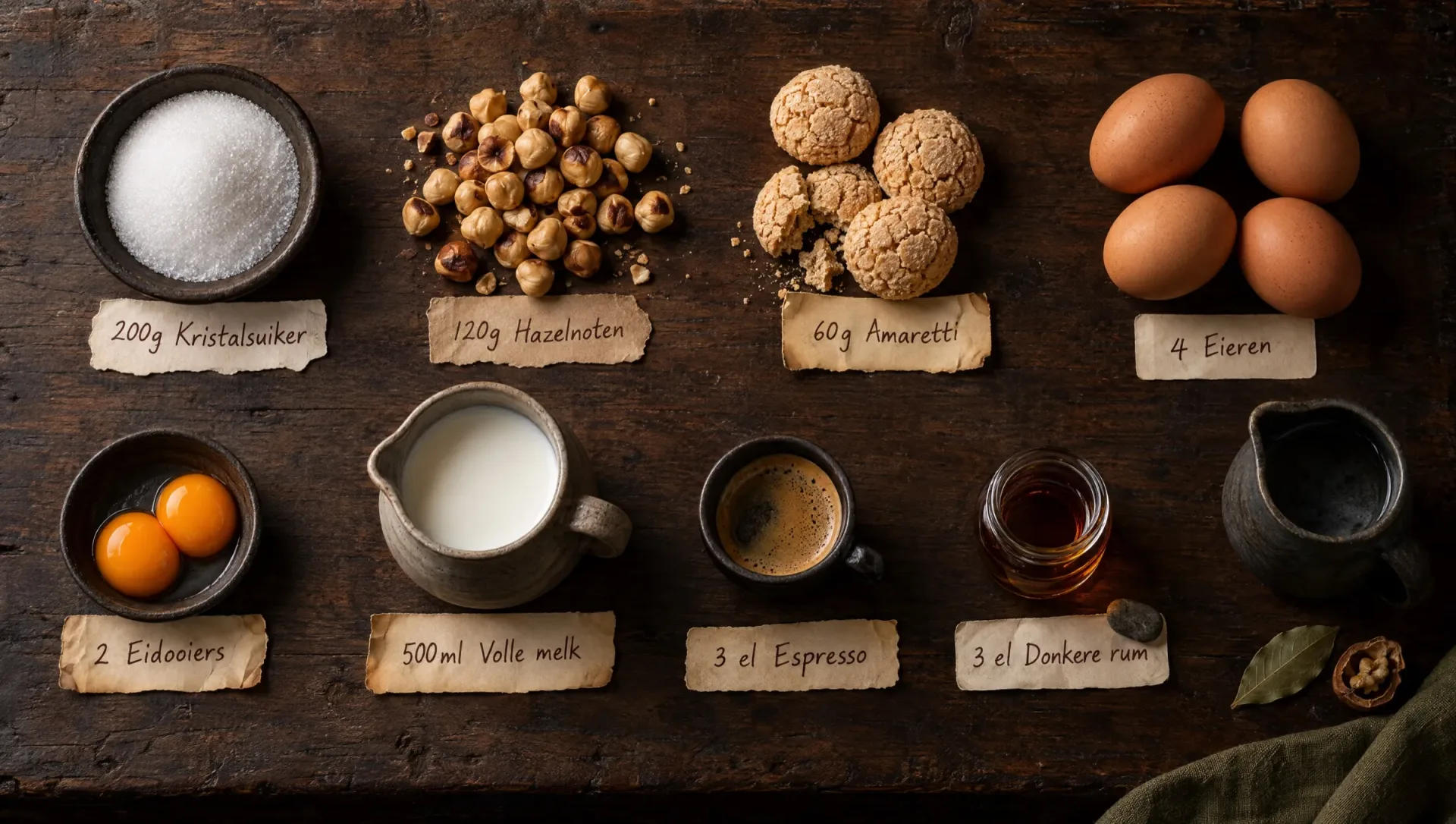 Ingrediënten voor bonet alle nocciole: geroosterde hazelnoten, amaretti, eieren, volle melk, suiker, espresso en rum