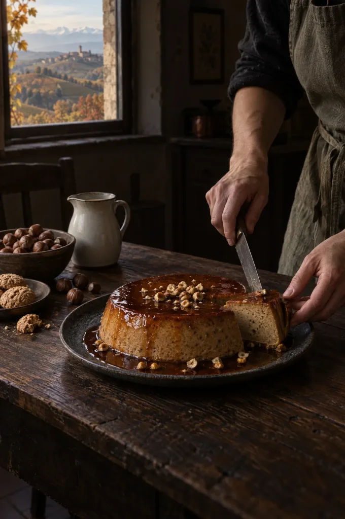 Handen van de kok snijden bonet alle nocciole in plakken in een donkere keuken bij het raam, met uitzicht op de Langhe