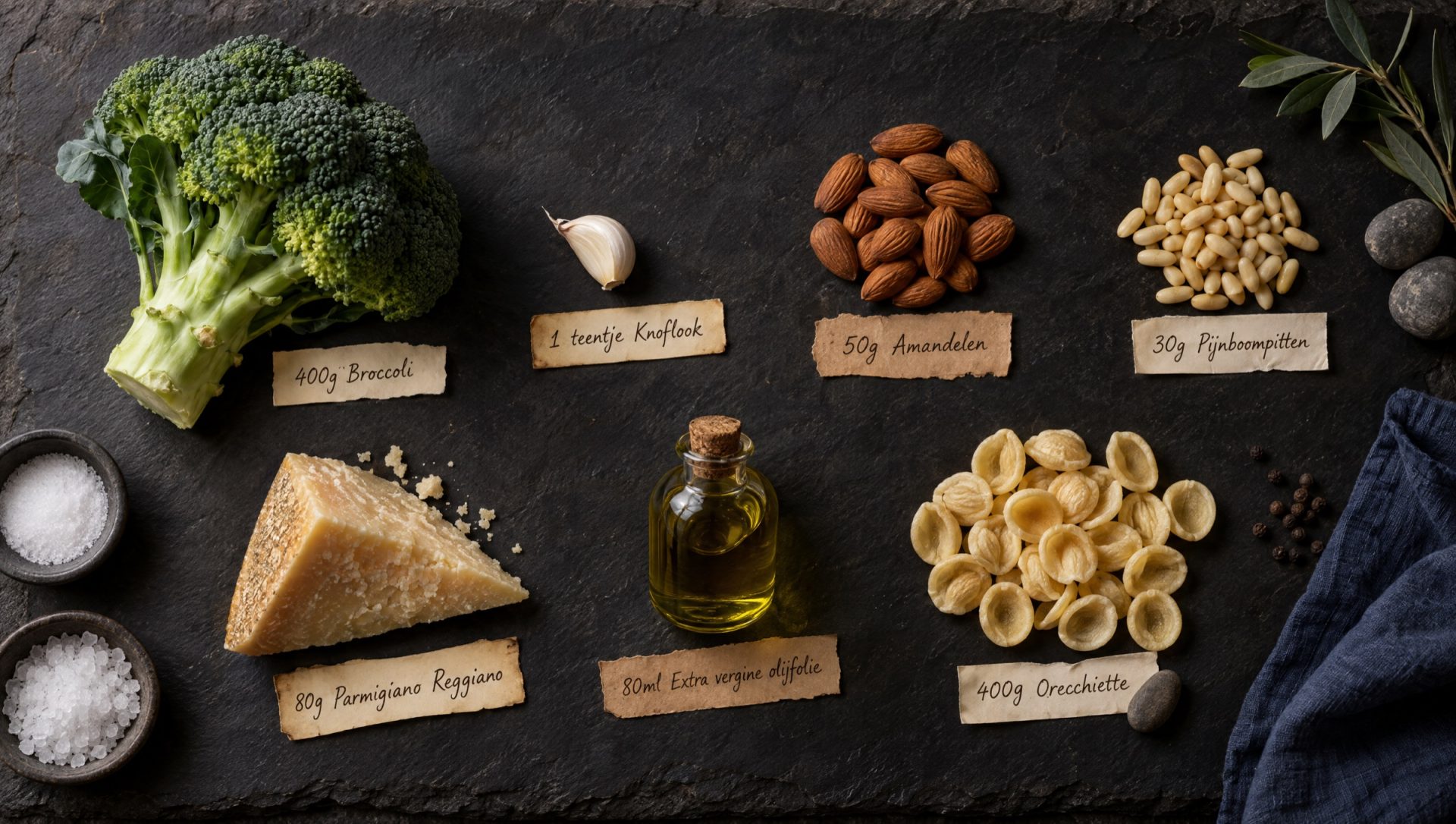 Ingrediënten voor broccolipesto: broccoli, amandelen, pijnboompitten, knoflook, Parmigiano, olijfolie en orecchiette