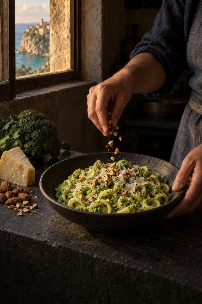 Handen van de kok bij orecchiette met broccolipesto in een donkere keuken, met uitzicht op de kliffen van Tropea in Calabrië