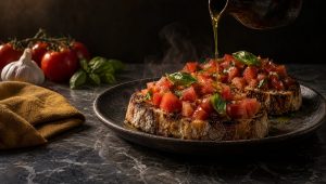 Bruschetta met tomaat en basilicum op een donker bord, olijfolie erover, met trostomaten, knoflook en basilicum op marmer