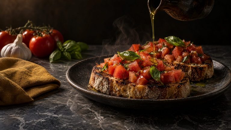 Bruschetta met tomaat en basilicum op een donker bord, olijfolie erover, met trostomaten, knoflook en basilicum op marmer