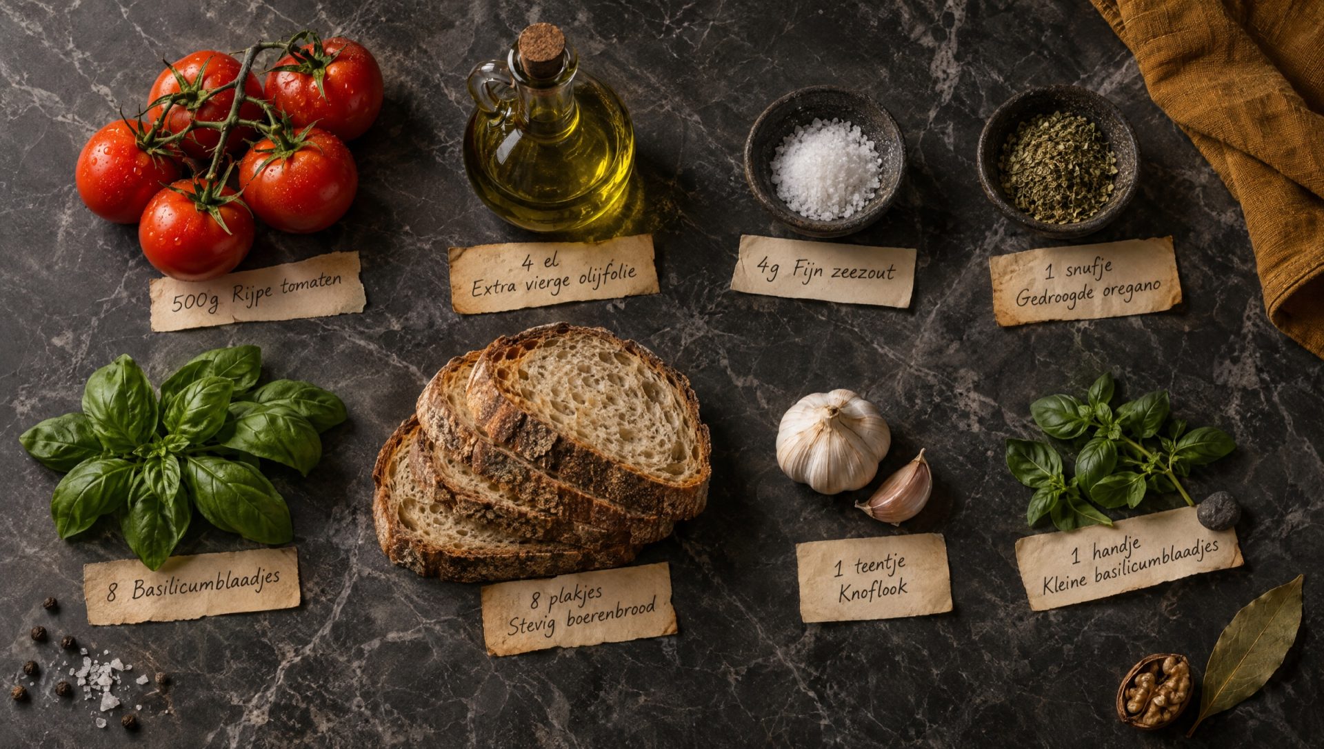 Ingrediënten voor bruschetta: boerenbrood, trostomaten, knoflook, basilicum, oregano, olijfolie en zeezout
