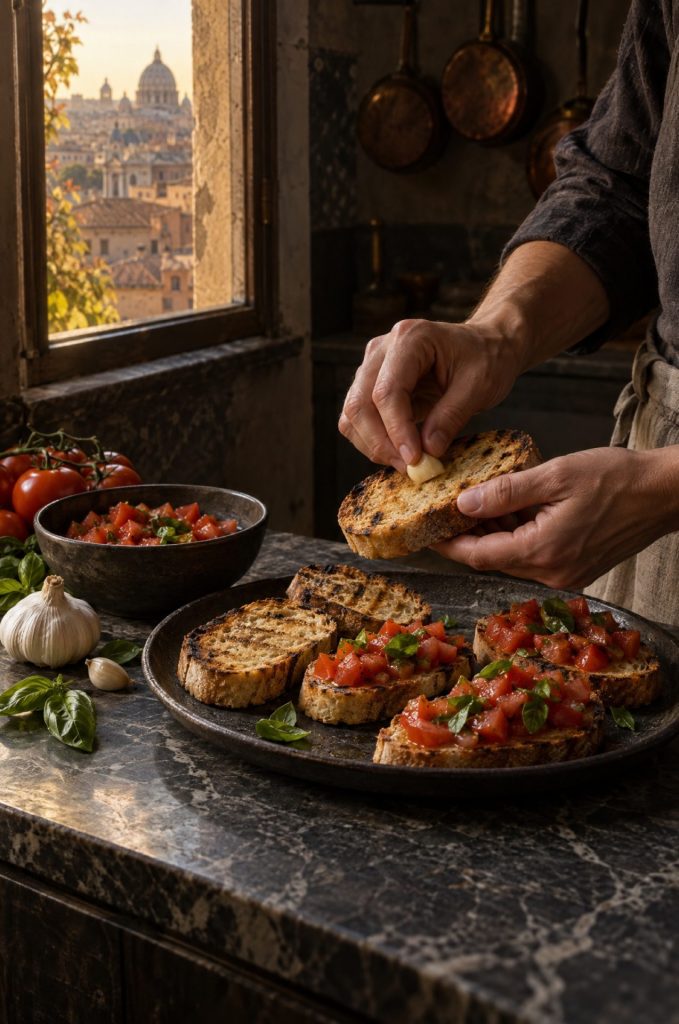 Handen van de kok wrijven knoflook over brood voor bruschetta in een donkere keuken bij het raam, met zicht op Lazio