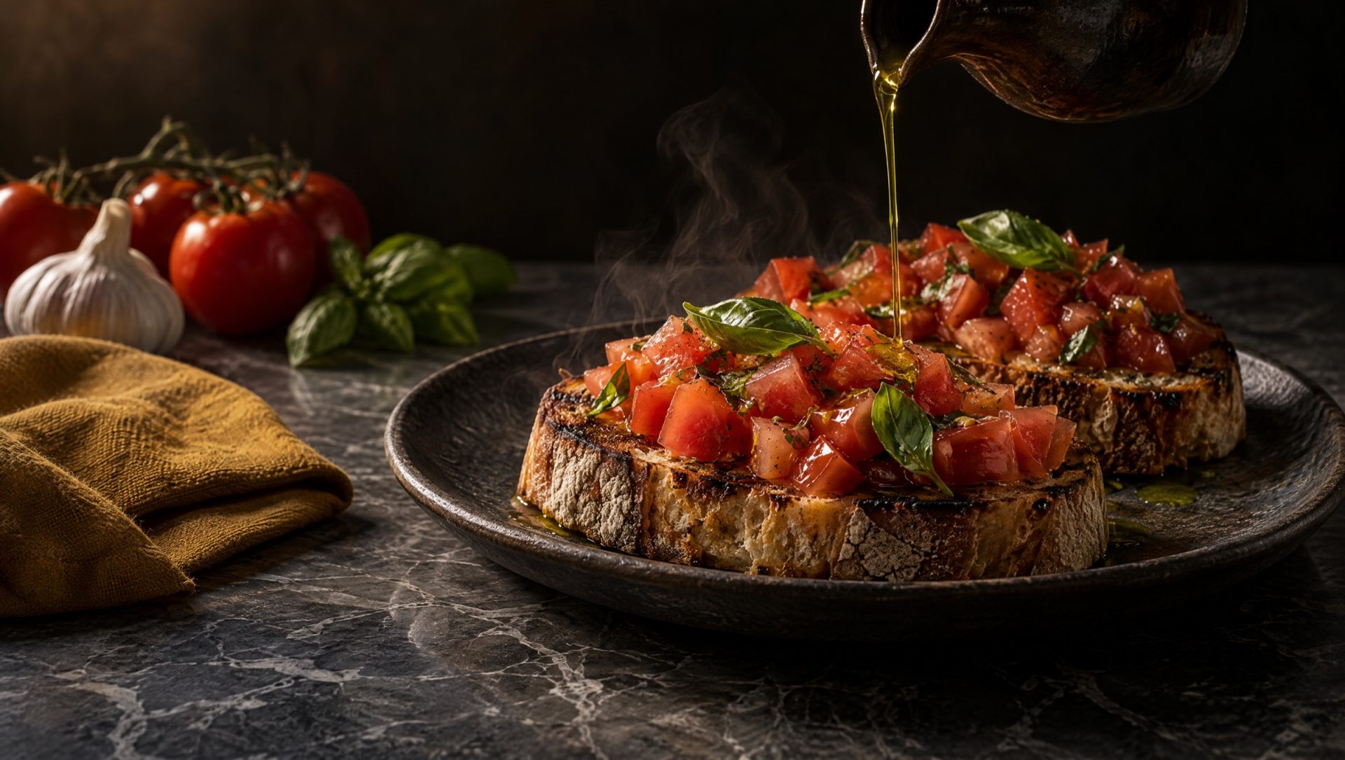 Bruschetta met tomaat en basilicum op een donker bord, olijfolie erover, met trostomaten, knoflook en basilicum op marmer