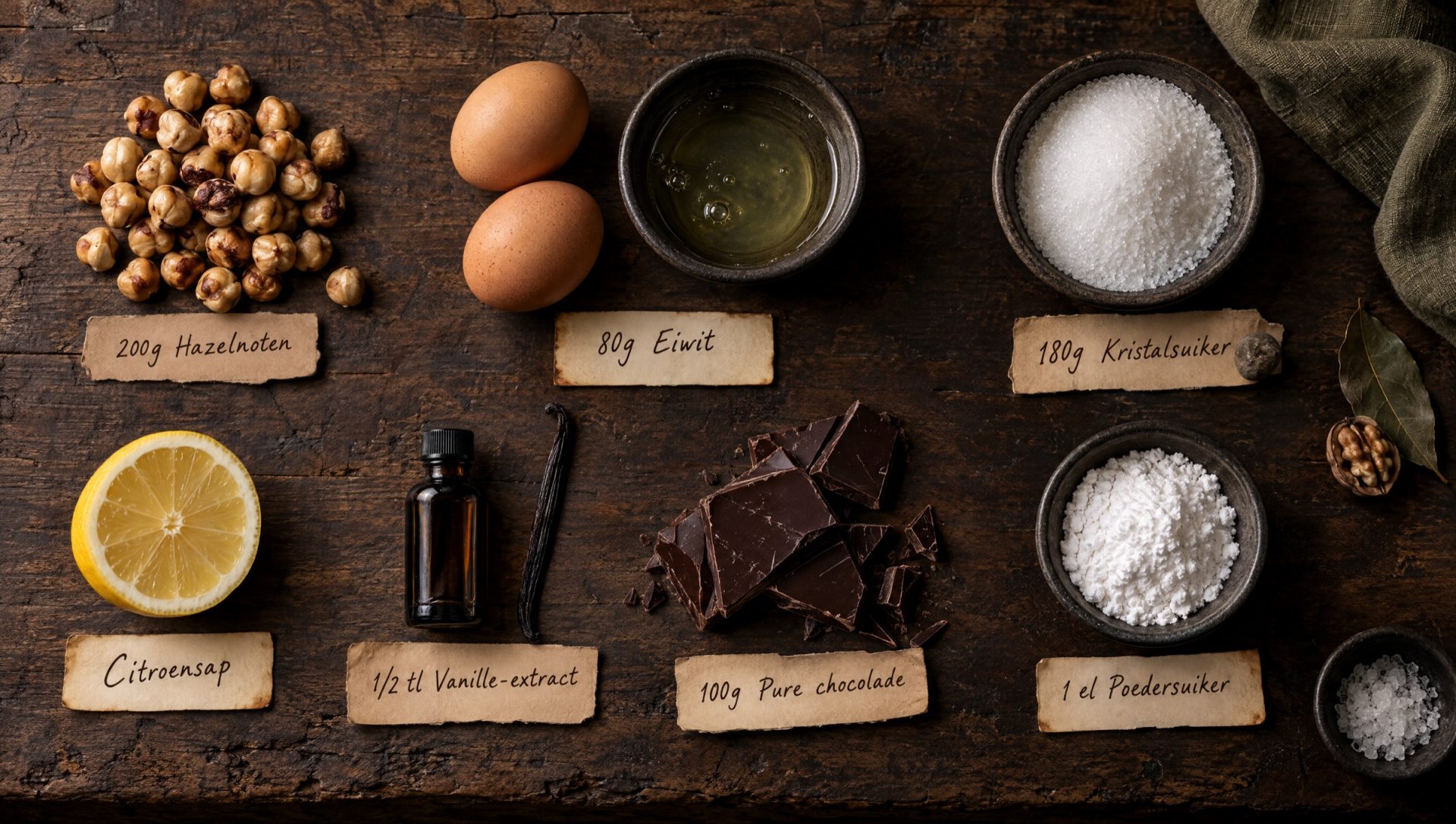 Ingrediënten voor brutti ma buoni: hazelnoten, eieren, kristalsuiker, citroen, vanille, pure chocolade en poedersuiker
