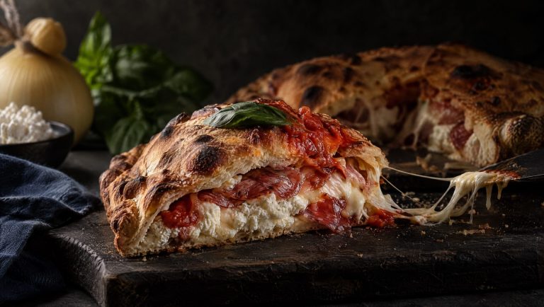 Opengesneden calzone met ricotta, salami en provola op een donkere houten plank, met een lepel tomatensaus erop