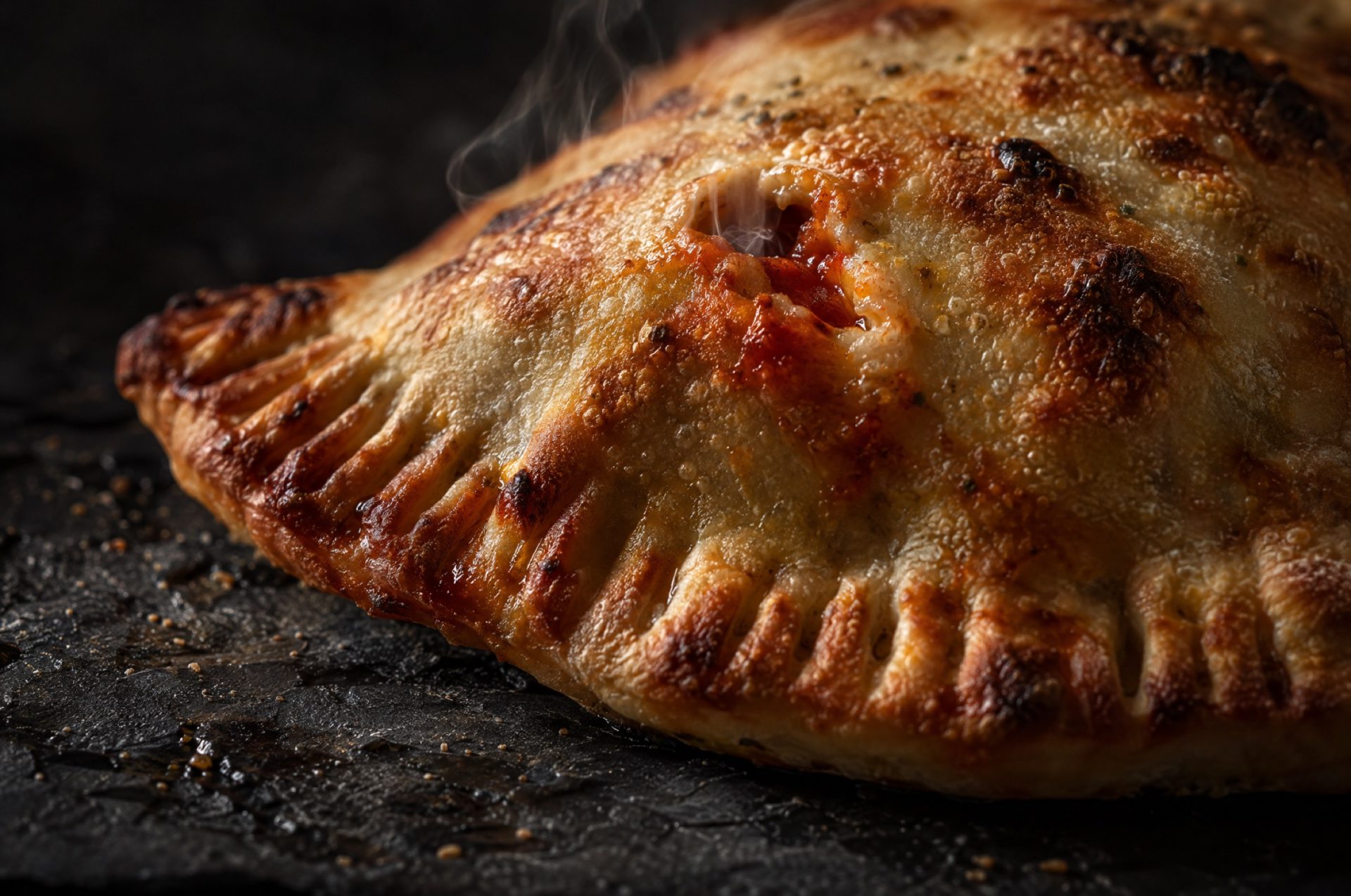 Close-up van de dichtgevouwen rand van een calzone met de afdruk van een vork en een klein stoomgat in de goudbruine korst