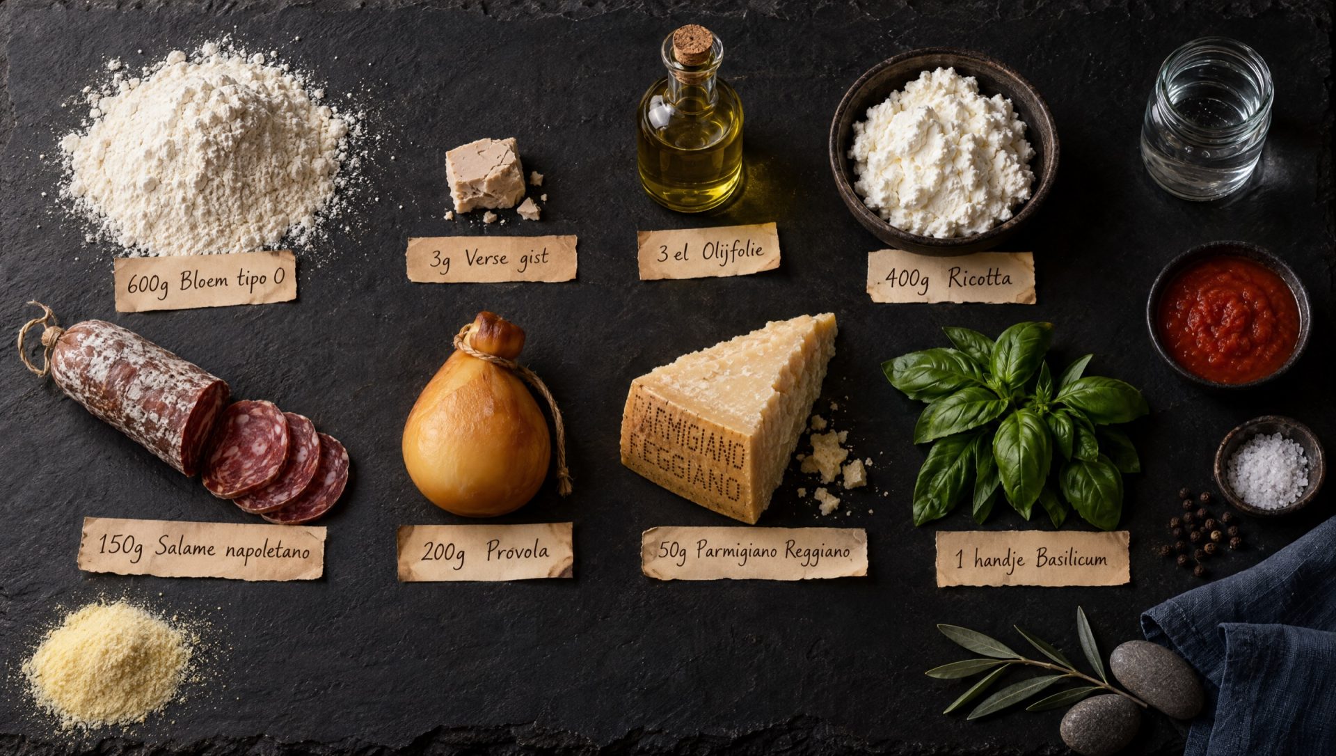Ingrediënten voor calzone: bloem tipo 0, ricotta, salame napoletano, provola, Parmigiano Reggiano, basilicum en tomatensaus