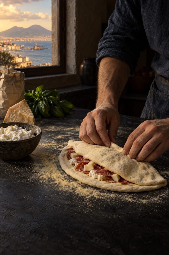 Handen van de kok vouwen een calzone dicht over ricotta en salami op een met semola bestrooid werkblad