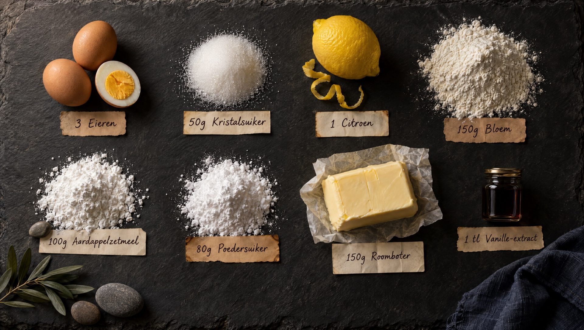 Ingrediënten voor canestrelli: bloem, aardappelzetmeel, roomboter, gekookte eieren, suiker, poedersuiker, citroen, vanille