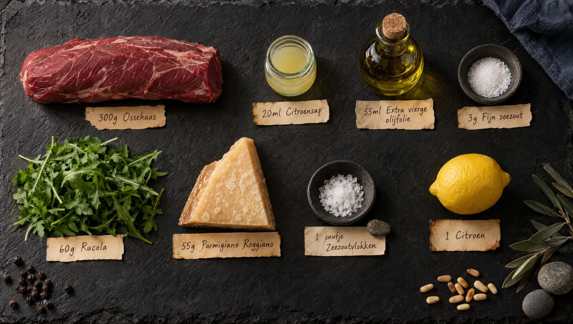 Ingrediënten voor carpaccio: een stuk ossehaas, rucola, Parmigiano Reggiano, citroenen, olijfolie, zeezout en pijnboompitten