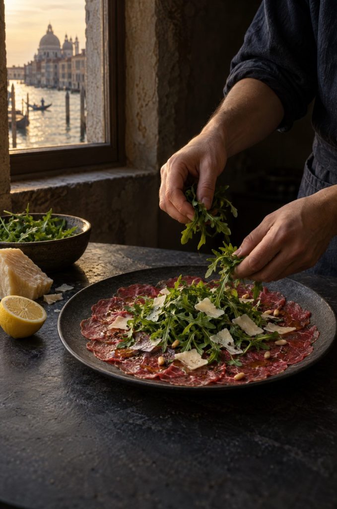 Handen van de kok leggen rucola op carpaccio in een donkere keuken bij het raam, met uitzicht op de Venetiaanse lagune