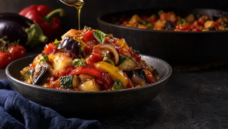 Ciambotta in een donkere stenen kom op een leisteen tafel, met een straal olijfolie, rauwe aubergine, paprika en kerstomaatjes