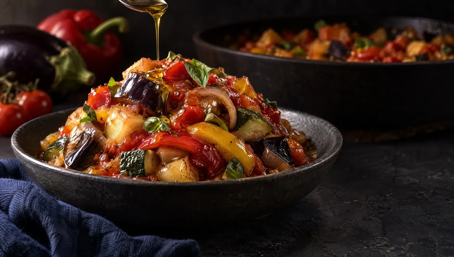 Ciambotta in een donkere stenen kom op een leisteen tafel, met een straal olijfolie, rauwe aubergine, paprika en kerstomaatjes