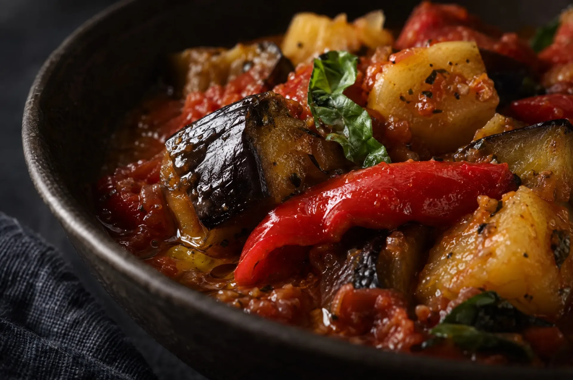 Close-up van ciambotta: glanzende blokjes aubergine en aardappel met reepjes rode paprika in een dikke tomatensaus