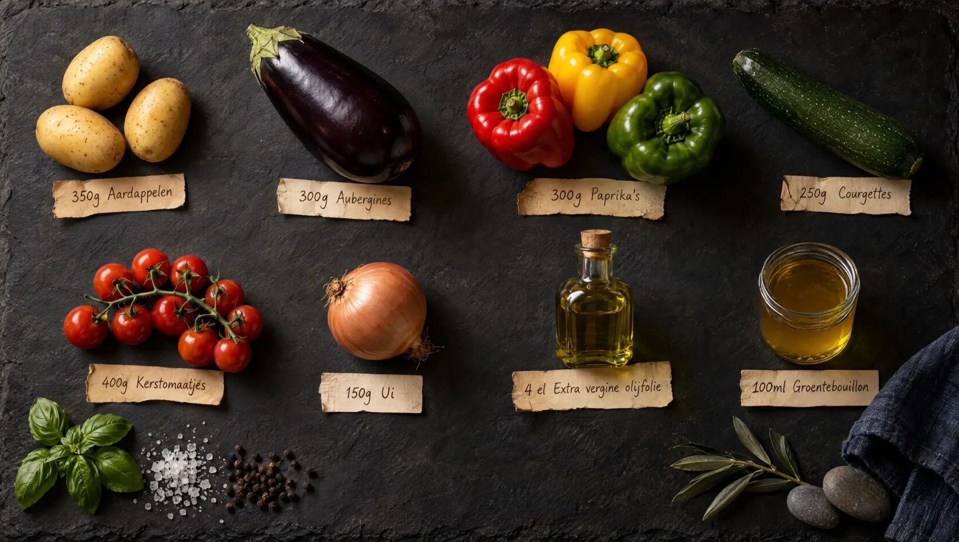 Ingrediënten voor ciambotta: aardappelen, aubergine, rode, gele en groene paprika, courgette, kerstomaatjes, ui en basilicum