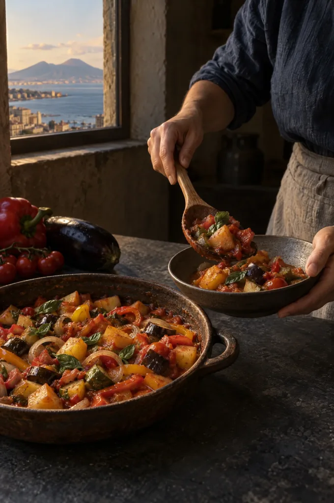 Handen scheppen ciambotta uit een brede pan in een donkere keuken bij het raam, met zicht op de Golf van Napels en Vesuvius