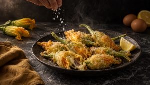 Courgettebloemen in beslag op een donkere schaal, bestrooid met zeezout, met rauwe courgettebloemen, eieren en citroen