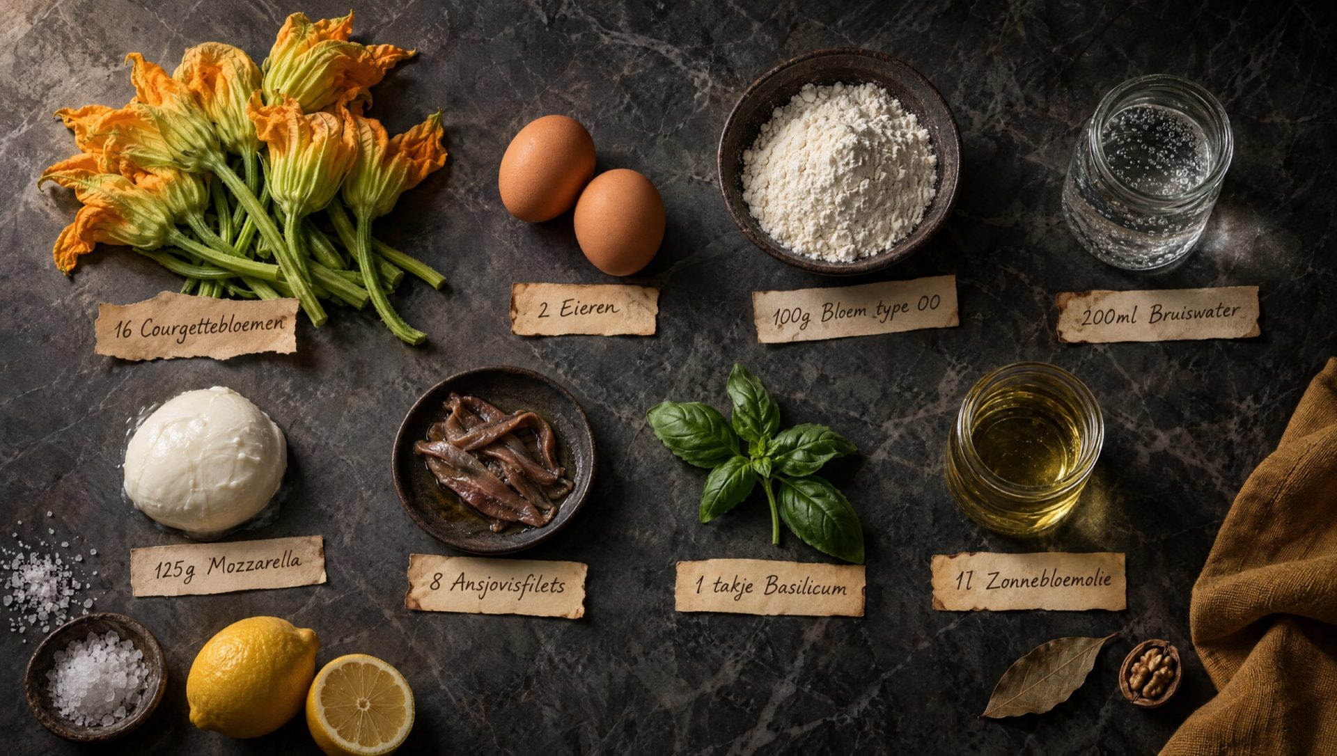 Ingrediënten voor courgettebloemen in beslag: courgettebloemen, eieren, bloem, bruiswater, mozzarella, ansjovis, basilicum en citroen