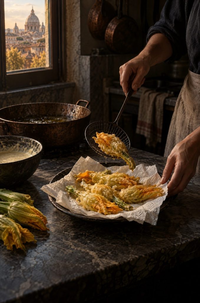 Handen van de kok leggen courgettebloemen in beslag op keukenpapier, in een donkere keuken met zicht op de daken van Rome