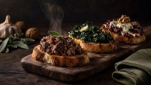 Drie crostini op een olijfhouten plank: levertjes met salie, cavolo nero en radicchio met gorgonzola en walnoot