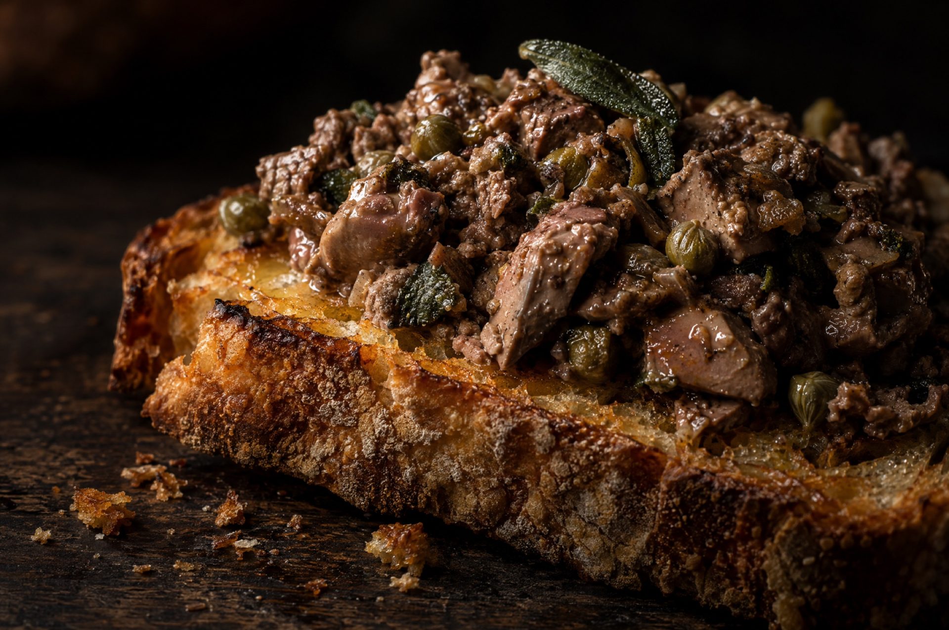 Closeup van een crostino met grof gehakte kippenlevertjes, glanzend op geroosterd brood met een goudbruine rand