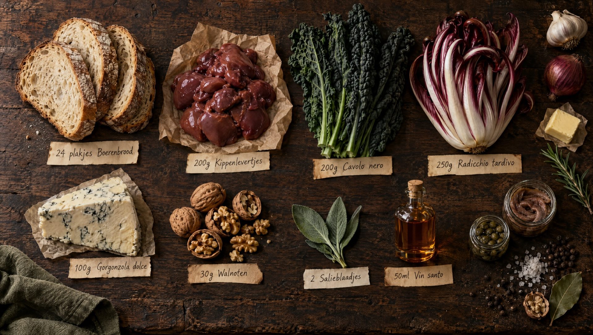 Ingrediënten voor crostini: boerenbrood, kippenlevertjes, cavolo nero, radicchio, gorgonzola, walnoten, salie en vin santo