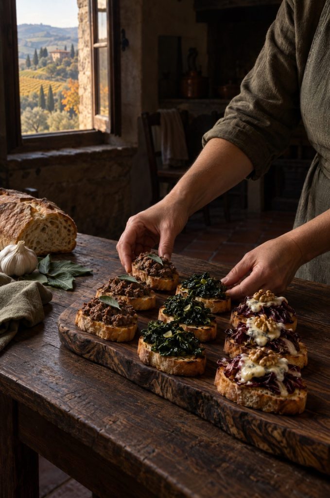 Handen van de kok leggen crostini met levertjes op een plank bij het raam, met zicht op de Toscaanse heuvels