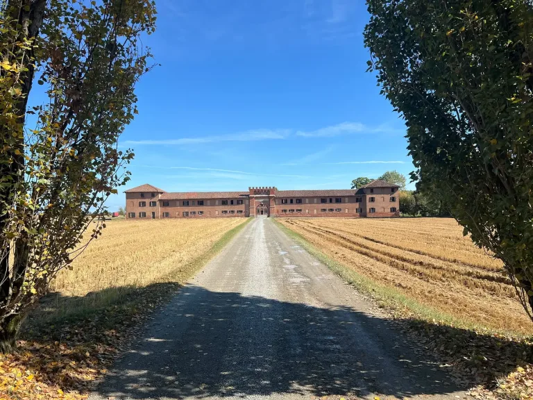 Oprijlaan naar historisch bakstenen landhuis tussen korenvelden