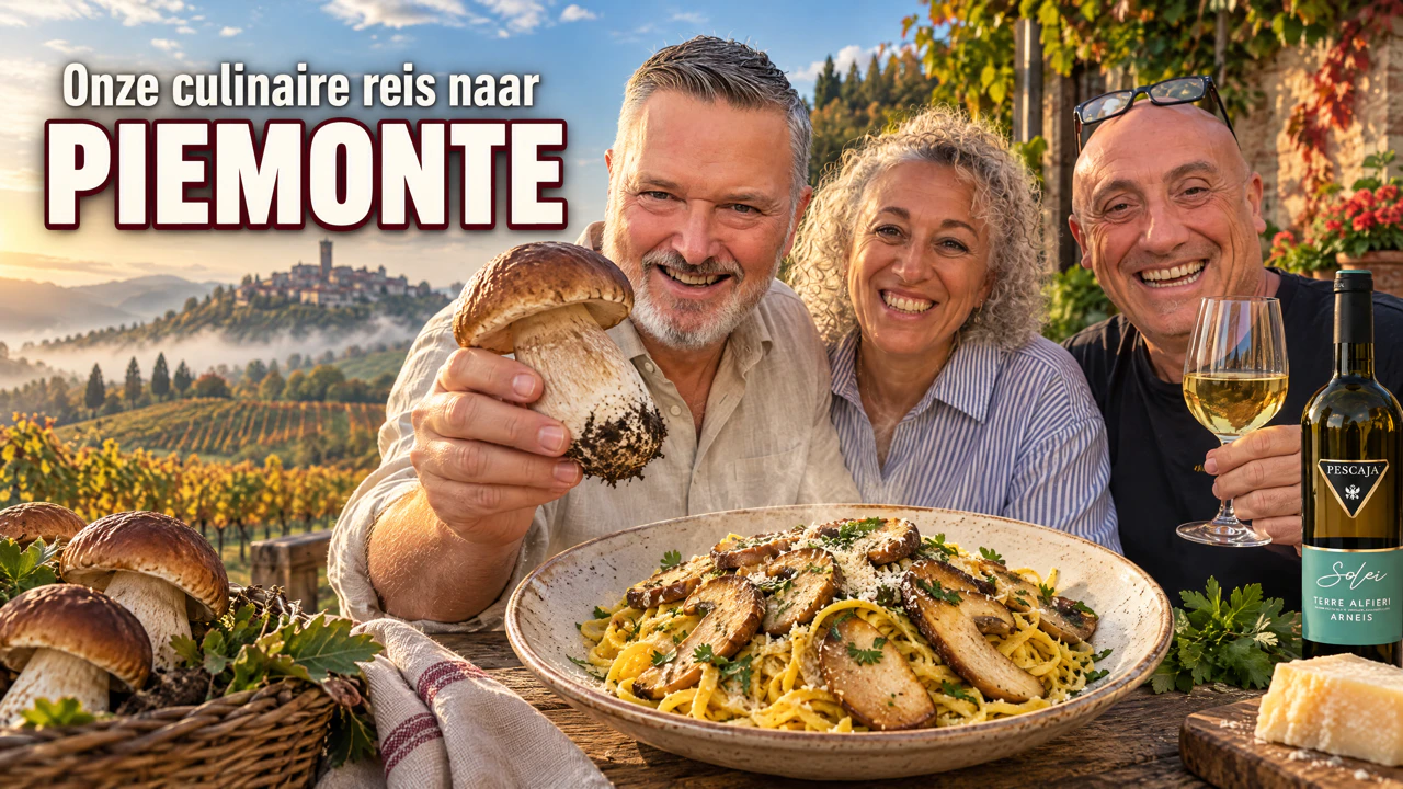 Drie mensen genieten van paddenstoelenpasta en wijn in Piemonte