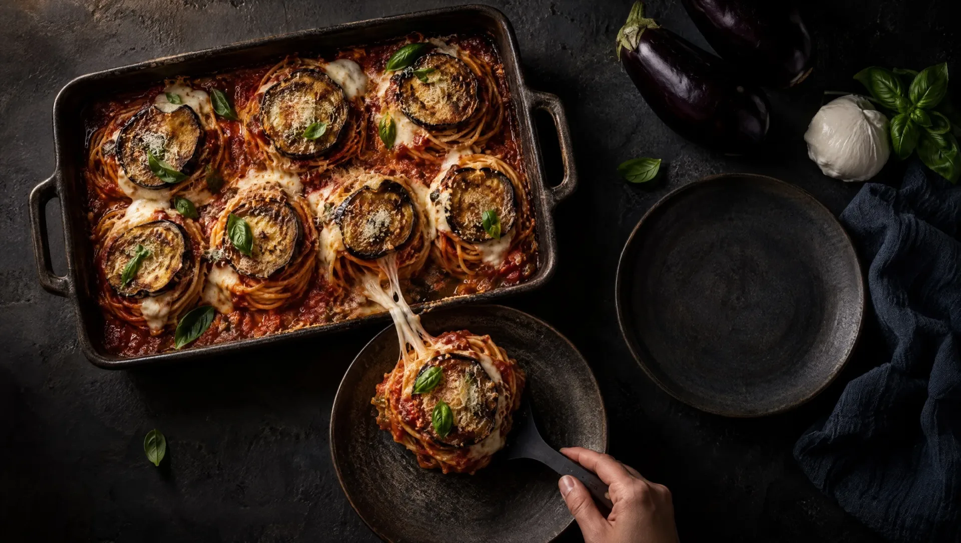 Doppiette di melanzane in een ovenschaal op een Siciliaanse tafel in de herfst, naast aubergines, mozzarella en basilicum