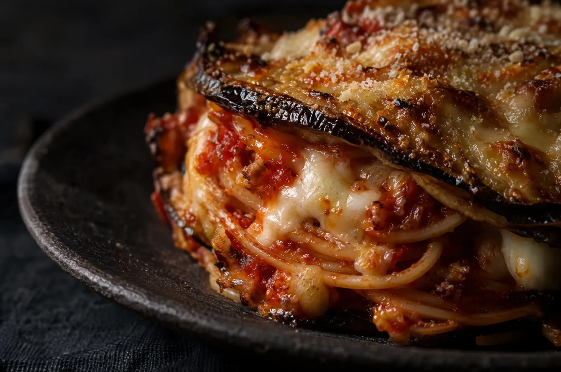Macro van doppiette di melanzane: goudbruine aubergine over een nestje spaghetti met gesmolten mozzarella en tomatensaus