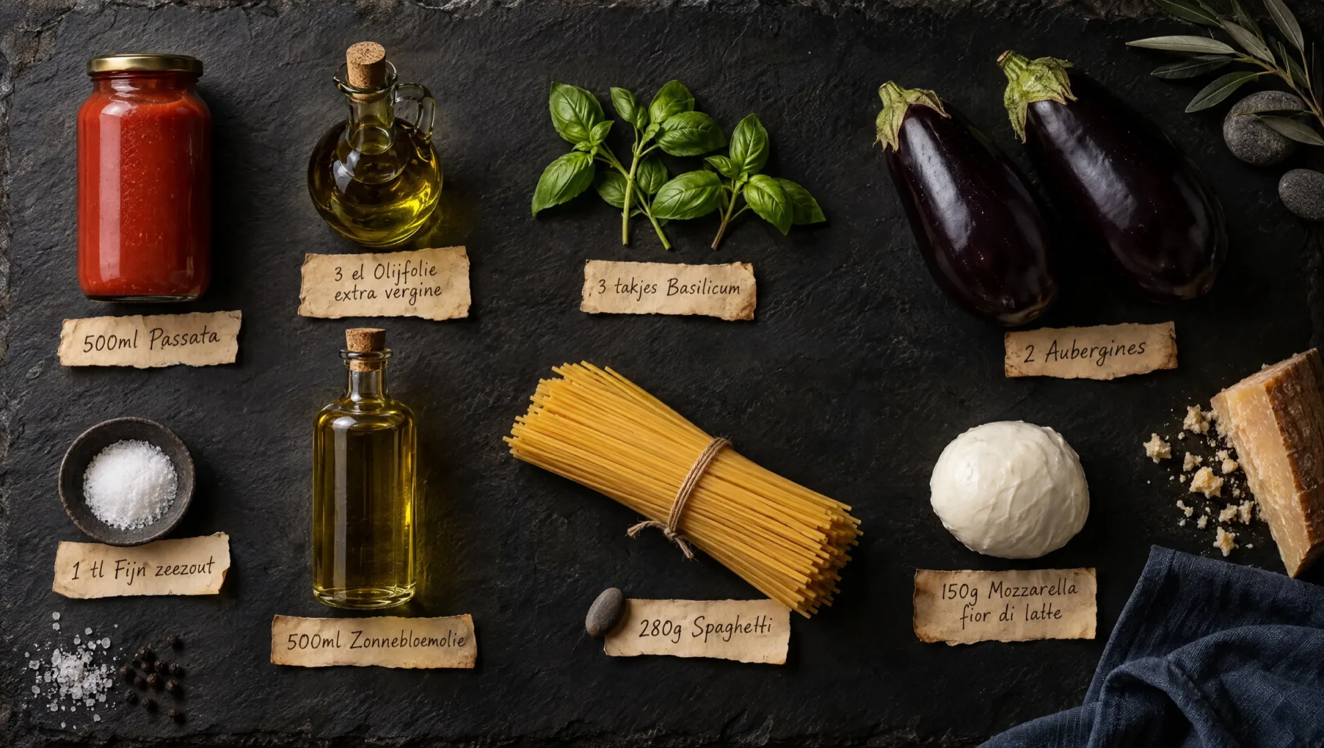 Ingrediënten voor doppiette di melanzane: aubergines, spaghetti, passata, mozzarella, Parmigiano, basilicum en olijfolie