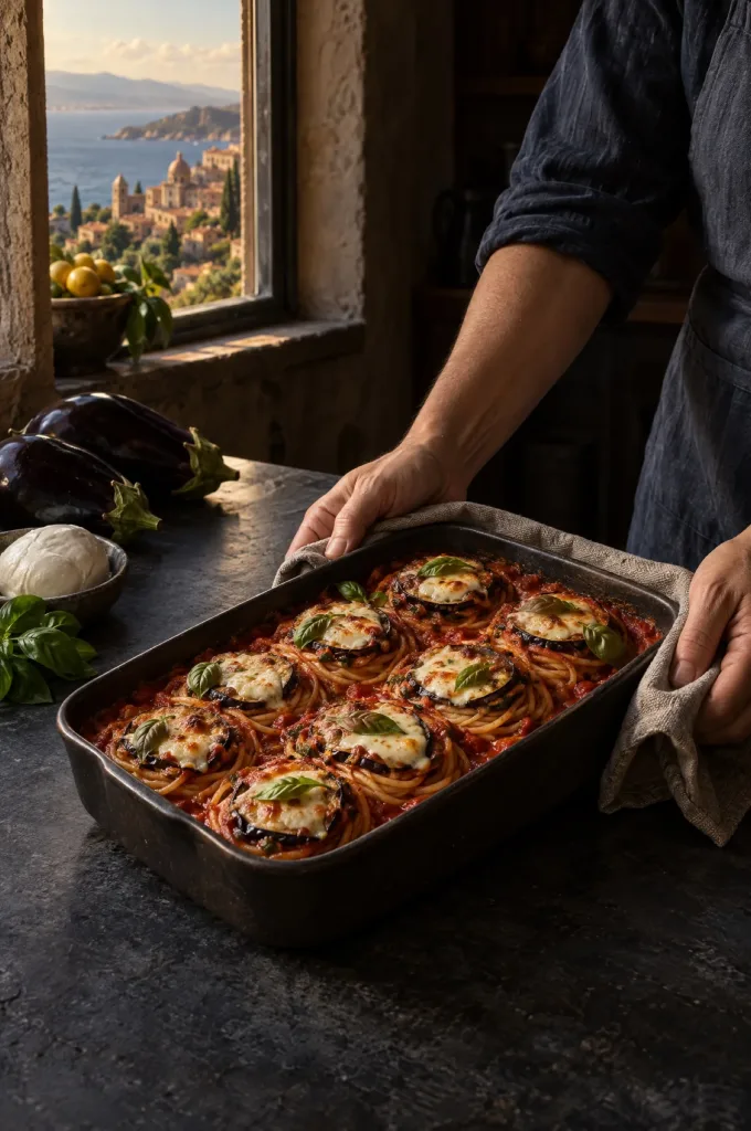 Handen van de kok zetten doppiette di melanzane op het aanrecht in een donkere keuken, door het raam de Siciliaanse kust