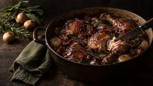 Dronken kip in een gietijzeren pan met uitjes en pancetta, naast salie en rozemarijn op een herfsttafel in Toscane