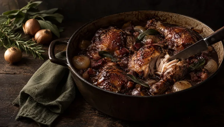 Dronken kip in een gietijzeren pan met uitjes en pancetta, naast salie en rozemarijn op een herfsttafel in Toscane