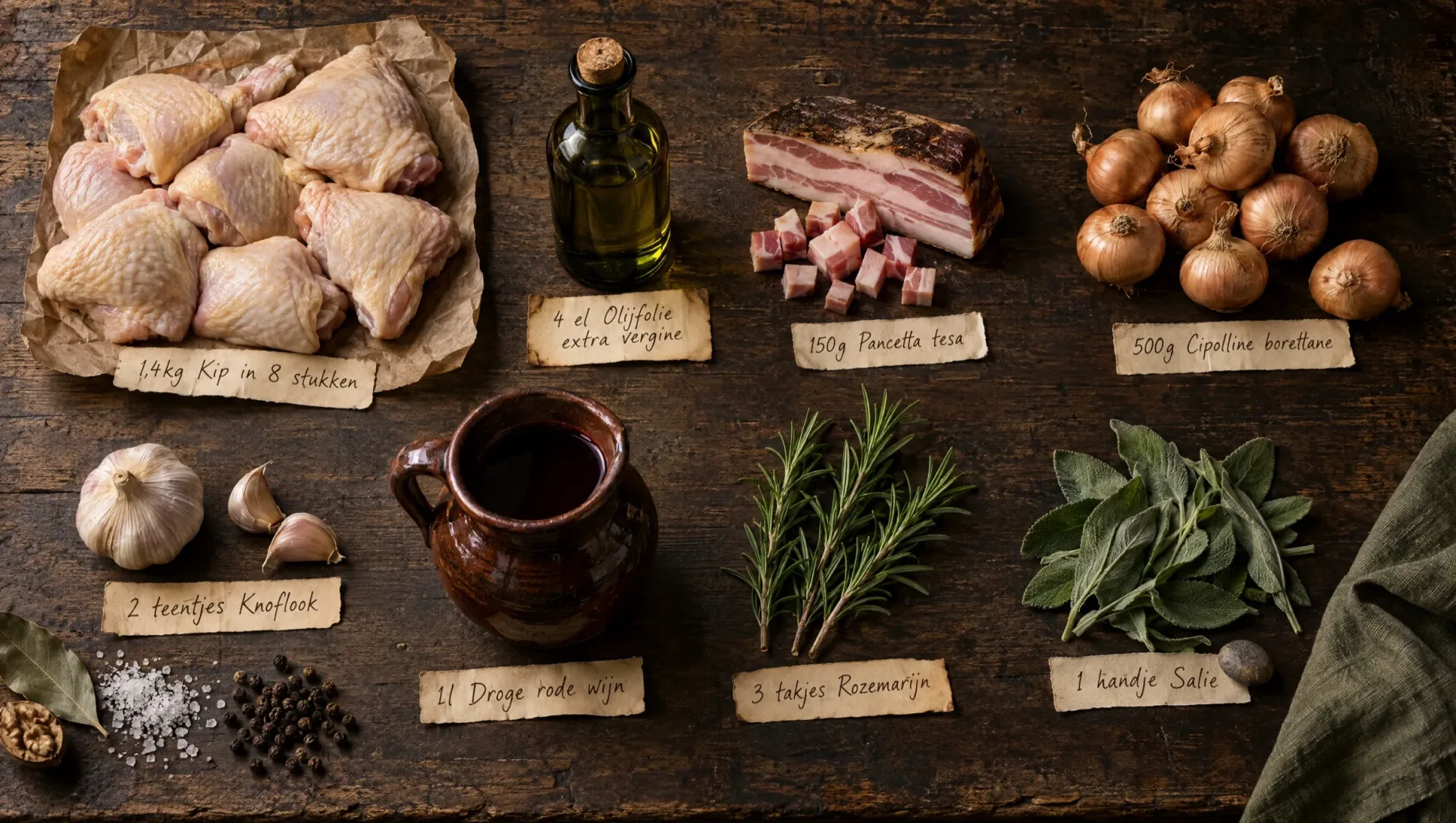 Ingrediënten voor dronken kip: kip in stukken, pancetta, platte uitjes, salie, rozemarijn, knoflook en rode wijn
