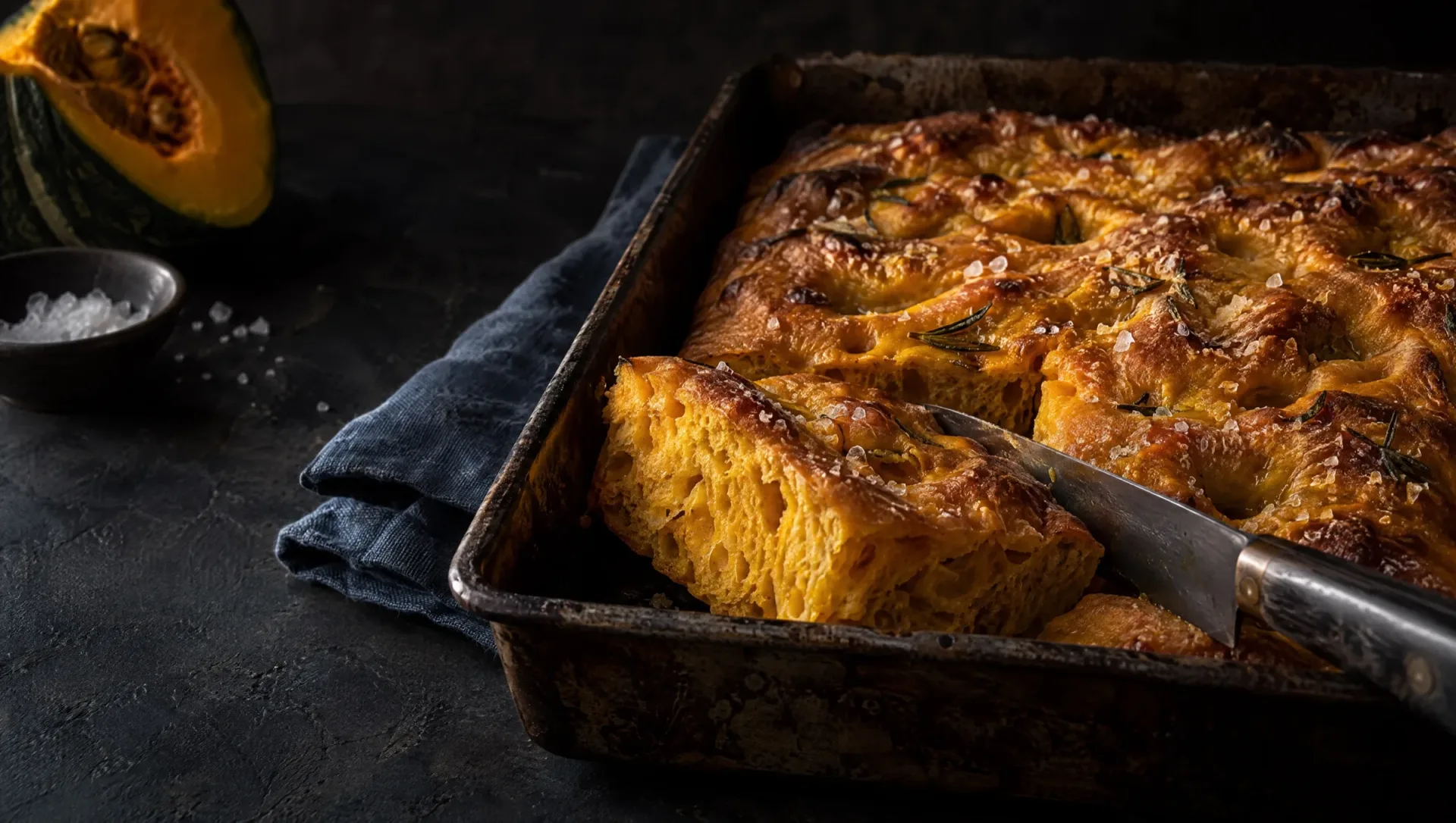 Focaccia met pompoen in de bakvorm op een donkere leistenen tafel, aangesneden, met delica en grof zeezout ernaast