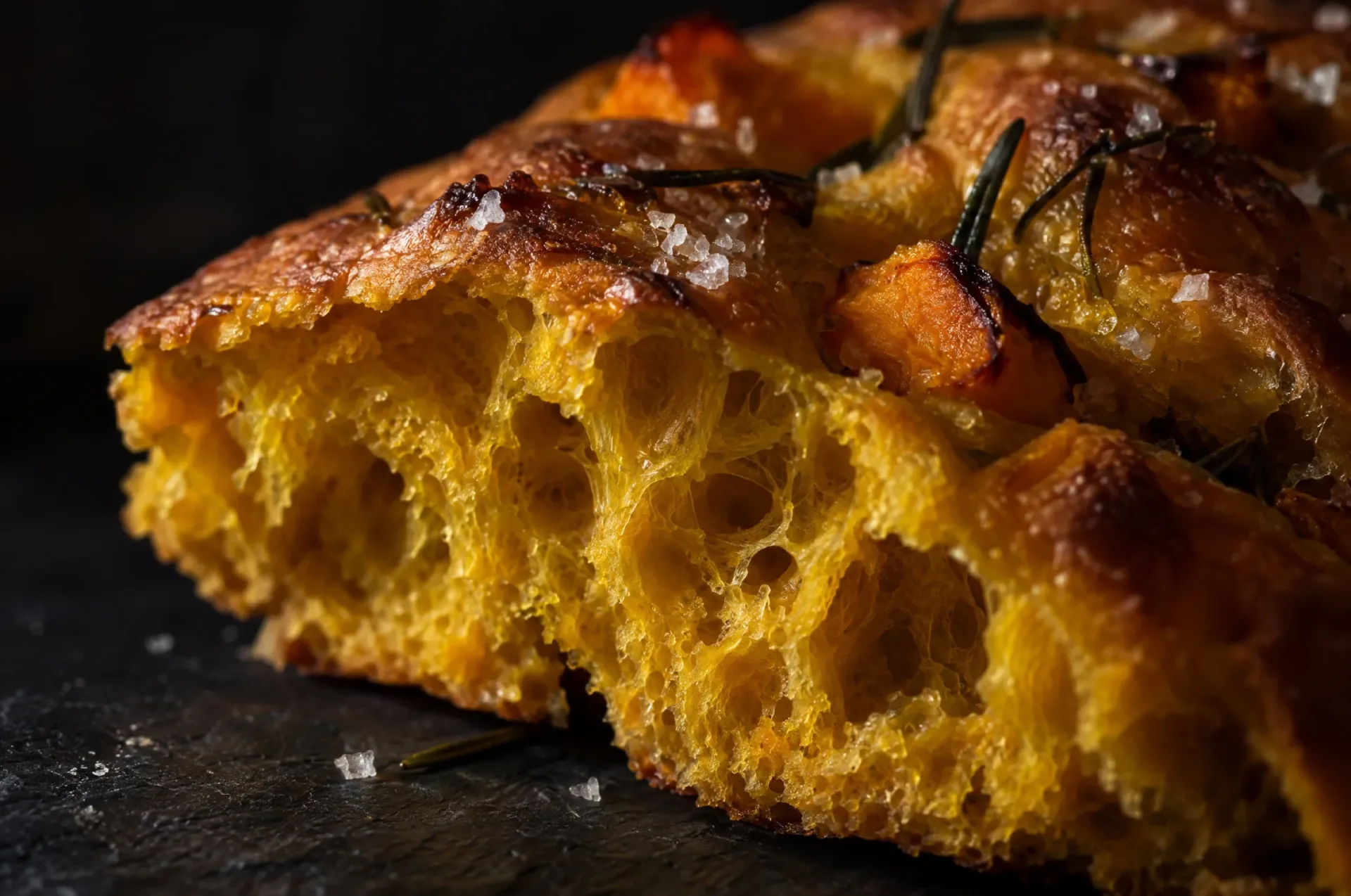 Close-up van focaccia met pompoen: oranje kruim met grote luchtgaten en een goudbruine korst met grof zeezout