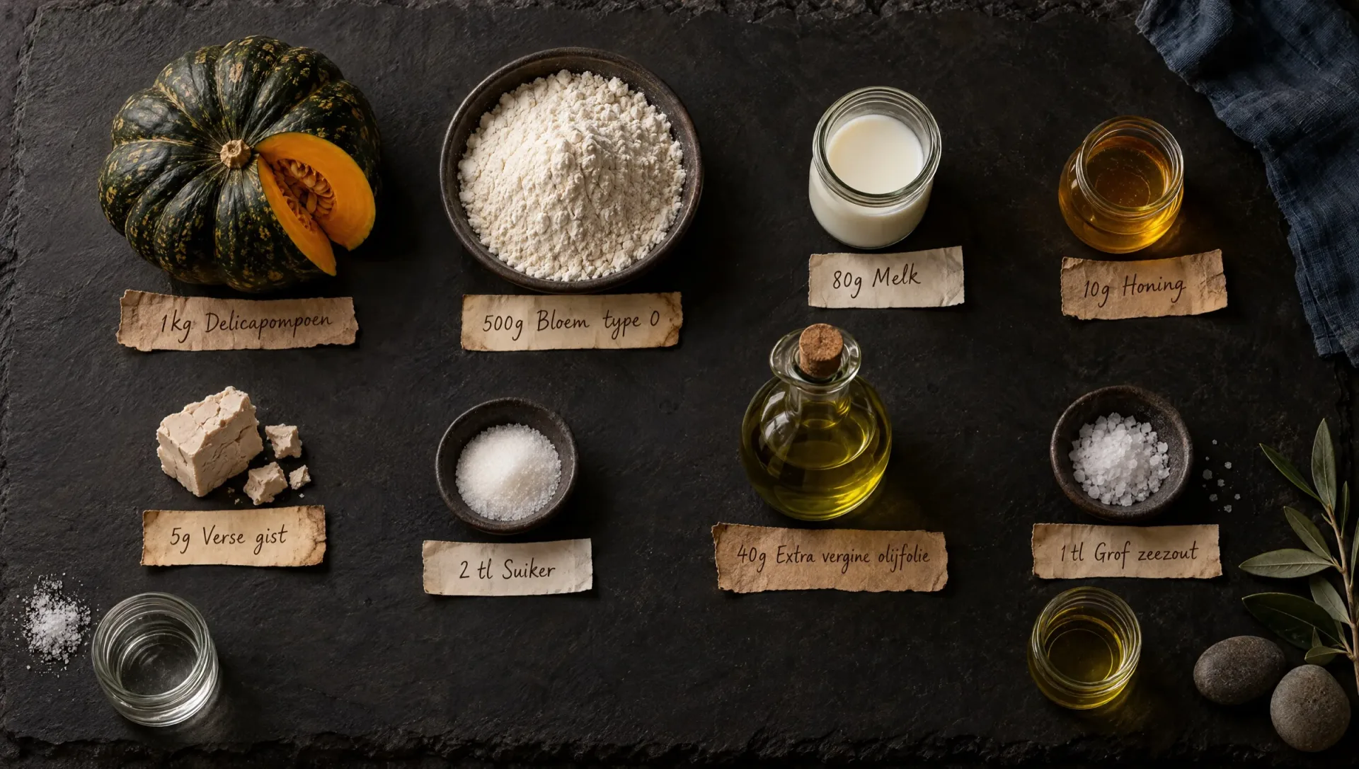 Ingrediënten voor focaccia met pompoen: delica, bloem type 0, melk, honing, verse gist, olijfolie en grof zeezout