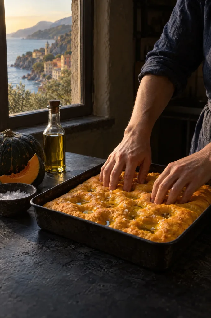 Handen van de kok drukken kuiltjes in focaccia met pompoen in een donkere keuken bij het raam met zicht op de Ligurische kust