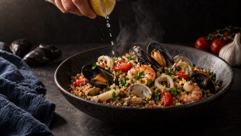 Fregola met zeevruchten in een aardewerken schaal op een Sardijnse tafel, met rauwe mosselen, citroen en peterselie