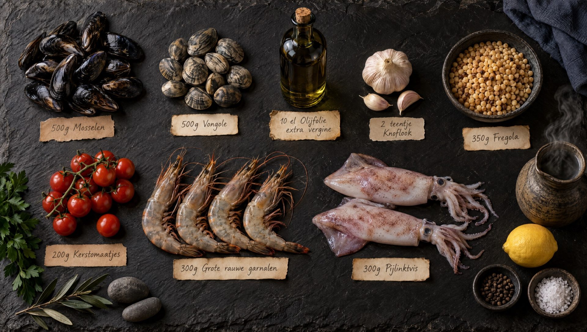 Ingrediënten voor fregola met zeevruchten: fregola, mosselen, vongole, garnalen, inktvis, tomaatjes en citroen
